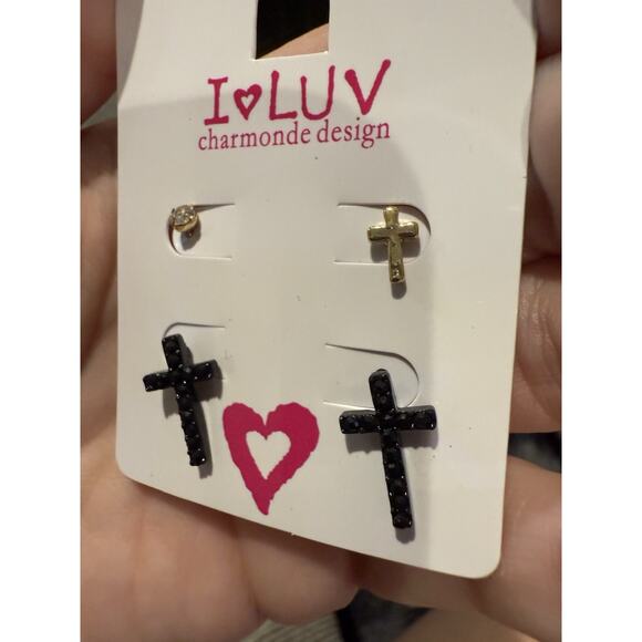 2 Pairs Cross Earrings Black Rhinestone Gold Tone and Diamond Stud Earrings 4PC - Picture 6 of 8